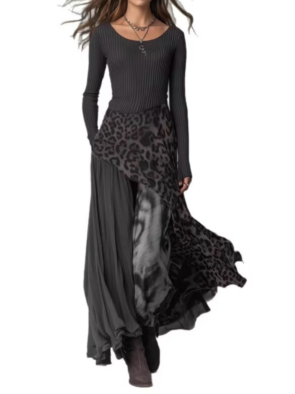 STYLISH LEOPARD PRINT PATCHWORK CASUAL LONG-SLEEVED MAXI DRESS